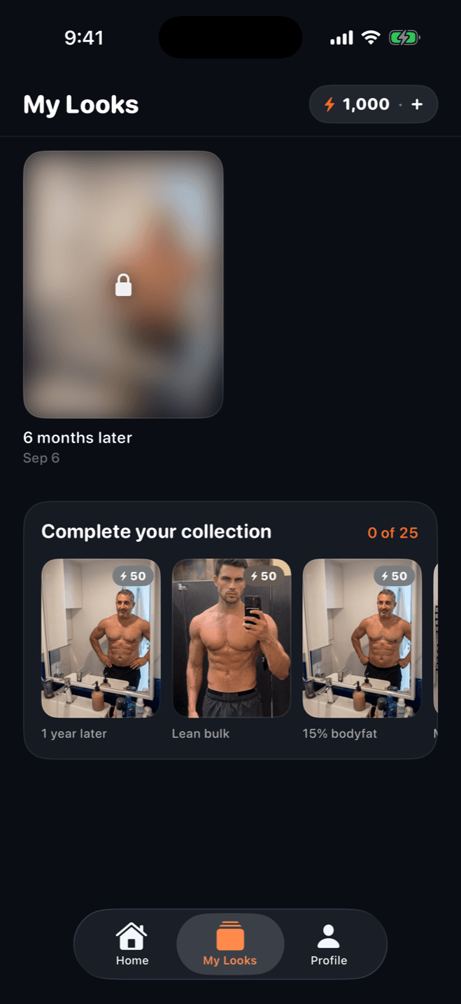 LiftLooks My Looks screen with the free first look and the collection tracker